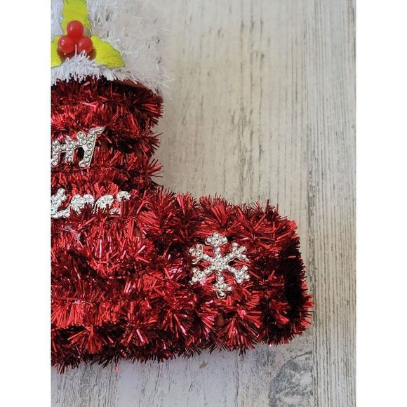 Merry Christmas red stocking boot mistletoe ornament Xmas - Picture 3 of 5